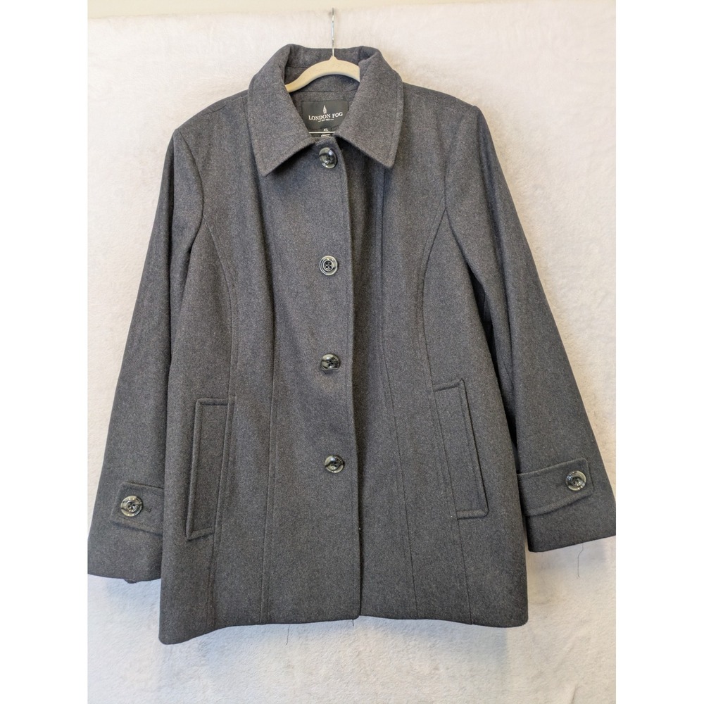 London Fog Women's Size XL Gray Wool Blend Button Front Pea Coat Car Coat Jacket